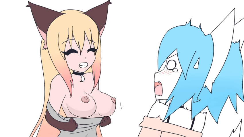 16:9 animal_humanoid anthro big_breasts black_bra black_clothing black_underwear blue_hair blush bodily_fluids bra breasts canid canine canis clothing clothing_pull duo edit female flashing flashing_breasts fox gradient_hair grey_clothing grey_shirt grey_topwear hair hi_res humanoid jewelry luna_(wolfychu) mammal necklace nipples pink_clothing pink_shirt pink_topwear red_fox scared shirt shirt_pull simple_background smile sweat sweatdrop tears topwear topwear_pull underwear white_background widescreen wolf wolfychu wolfychu_(artist)