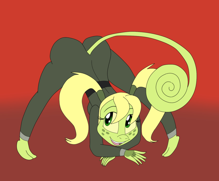 2_toes 5_fingers anthro ass_up big_butt blonde_hair breasts butt camilla_(kendraeevee) crouching curled_tail fan_character feet female fingers green_body green_eyes green_scales hair hi_res jack-o'_pose kendratheshinyeevee markings pigtails pose reptile saurian_(disambiguation) scales scalie small_breasts smile solo spots spotted_markings toes yellow_sclera