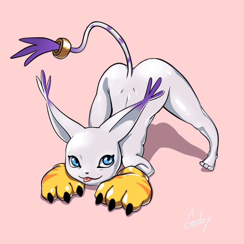 1:1 anthro ass_up back_dimples bandai_namco blue_eyes cat_tail clothing digimon digimon_(species) female gatomon gatox_(artist) gloves handwear hi_res hybrid jack-o'_pose nude pink_background pose signature simple_background solo tongue tongue_out