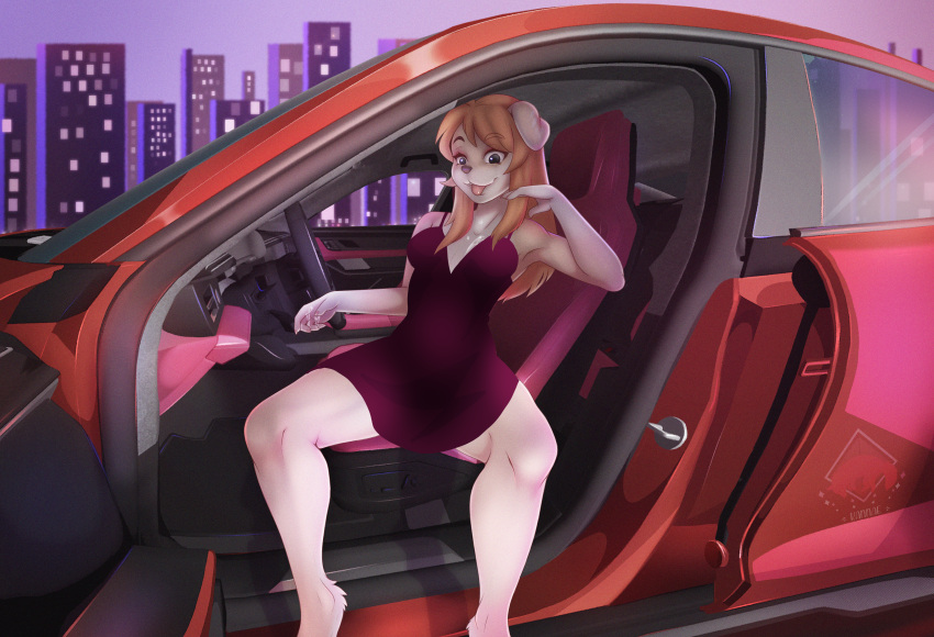 absurd_res anthro barefoot canid canine canis car clothed clothing detailed_background domestic_dog dress english_text feet female hi_res kannae kannae_tepes mammal paprika_(kannae) public red_car sayumi sitting solo text vehicle