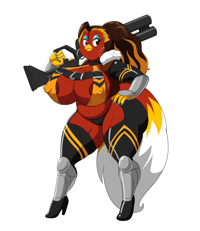 absurd_res areola avian beak big_breasts bird breasts cleavage clothed clothing female gun hand_on_hip hi_res high_heels holding_gun holding_object holding_weapon nipple_outline panties ranged_weapon red_body solo tansau thick_thighs underwear weapon