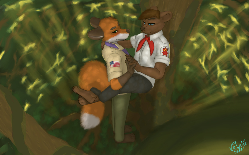 16:10 4_toes anthro barefoot blush canid canine duo feet forest forest_background fox fur hand_holding hi_res male male/male mammal nature nature_background nickpw orange_body orange_fur plant politics russian scout_uniform soviet_union stars_and_stripes toes tree united_states_of_america ursid white_body white_fur widescreen