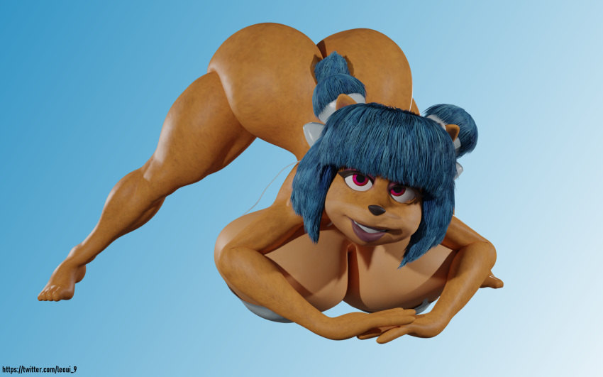 16:10 3d_(artwork) activision anthro ass_up bandicoot bent_over big_breasts big_butt blender_(software) blue_hair breasts butt crash_bandicoot_(series) crash_team_racing_(series) crash_team_racing_nitro-fueled digital_media_(artwork) female hair hi_res huge_breasts huge_butt jack-o'_pose leoui9 lips looking_at_viewer mammal marsupial megumi_bandicoot mostly_nude open_mouth open_smile pose red_eyes simple_background smile solo text url video_games widescreen