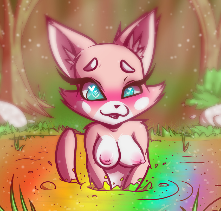 anthro blue_eyes blush breasts bubble domestic_cat felid feline felis female fog forest fur grass hi_res liquid looking_pleasured mammal markings nipples nude pink_body pink_fur plant pond rainbow_water rock shima_luan solo super_planet_dolan tree unknown_artist white_cheeks white_markings