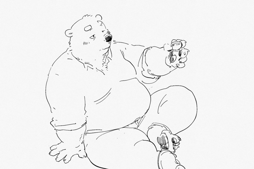 2021 3:2 alcohol anthro belly beverage bottomwear clothing drunk hi_res humanoid_hands kemono male mammal monochrome overweight overweight_male pants pommn_mn sake shirt simple_background sitting solo substance_intoxication topwear ursid