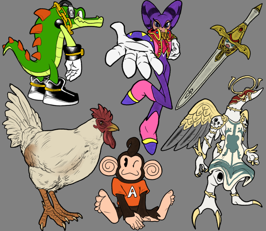 2_toes 3_toes 4_toes absurd_res affinity aiai amber_eyes ambiguous_gender angel animate_inanimate anisodactyl anklet anthro armor avian avian_caruncle back_spikes bayonetta bayonetta_(series) beak beckoning bent_knee big_ears bird blade blue_eyes blue_jewel_(object) bracelet brown_body brown_feathers brown_fur buckle caliburn chain chain_around_neck chain_necklace chicken clawed_toes claws clothing comb_(anatomy) countershade_arms countershade_body countershade_face countershade_feet countershade_hands countershade_tail countershade_torso countershading cowlick crocodile crocodilian crocodylid crossguard dahurgthedragon dewlap_(anatomy) drapery_(clothing) english_text extended_hand eyelashes faceless feathers feet feral floating_object footwear fur galliform gallus_(genus) gem gesture gloves gold_(metal) gold_anklet gold_bracelet gold_chain gold_clothing gold_jewelry gold_necklace gold_wings golden_claws green_body green_scales grip group hair halo hand_behind_head handwear haplorhine head_crest headgear headphones headwear helmet hi_res hole_(anatomy) humanoid jewelry levitating levitation living_melee_weapon living_sword living_weapon long_sleeves looking_at_viewer looking_back looking_up male mammal melee_weapon monkey necklace nightmaren nights nights_into_dreams nugget_(character) on_one_leg one_eye_closed one_leg_up open_mouth orange_clothing orange_feet orange_shirt orange_spikes orange_topwear phasianid pink_clothing pink_jewel pommel_(weapon) primate rainguard raised_leg red_clothing red_face red_helmet red_jewel reptile scaled_legs scales scalie sega shirt shoes silver_wings simple_background simple_face sitting sleeveless_shirt small_wings smile sonic_and_the_black_knight sonic_storybook_series sonic_the_hedgehog_(series) spikes spikes_(anatomy) standing suit super_monkey_ball sword tail_feathers talons tan_body tan_ears tan_face tan_feet tan_hands tan_skin text text_on_clothing text_on_shirt text_on_topwear thick_eyelashes toes topwear vector_the_crocodile video_games wattle weapon white_body white_feathers white_sleeves wings wings_on_back wink winking_at_viewer yakuza_(series) yellow_beak