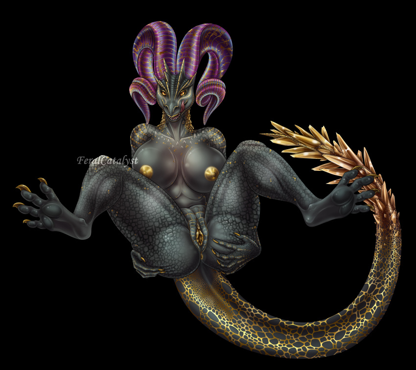 2_horns absurd_res anthro big_horn breasts capcom claws clitoris elder_dragon female feralcatalyst genitals glistening glistening_body gold_(metal) gold_scales hi_res horn kulve_taroth licking licking_lips monodog_(artist) monster_hunter paws pussy scalie scaly_tail sharp_claws sharp_teeth solo spreading teeth tongue tongue_out video_games