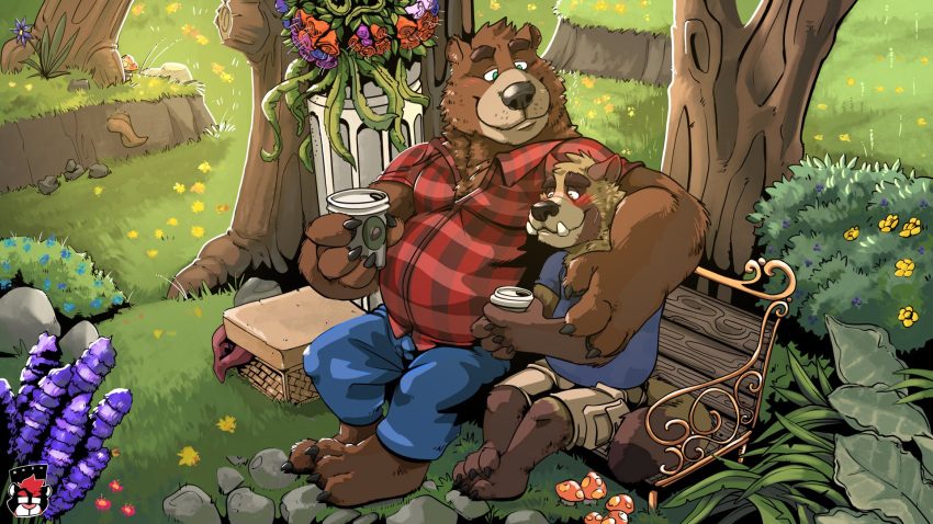 16:9 2021 anthro bench blush bottomwear brown_bear brown_body brown_fur canid canine clothing dean_(password) detailed_background duo fur hi_res hug leo_zeke male male/male mammal outside overweight overweight_male pants password_(visual_novel) plant raccoon_dog shirt shorts sitting tanuki topwear tree ursid ursine video_games visual_novel widescreen