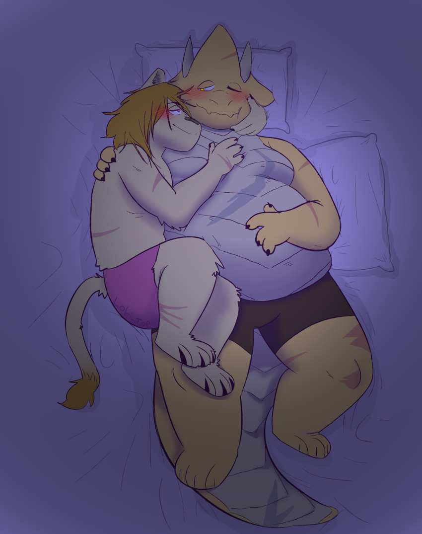 absurd_res anthro bed bhax_(lobi_top) cuddling dragon dragonborn duo felid furniture hi_res hug leo_(lobi_top) lion lobi_top lying male male/male mammal nuzzling on_front overweight pantherine size_difference slightly_chubby