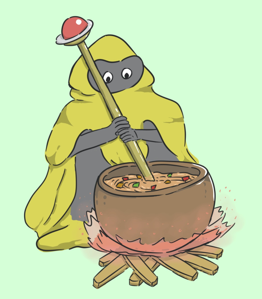 black_body black_eyes black_skin cauldron cloak clothing cooking dragon_quest fire food green_background hi_res kapohey kitchen_utensils ladle monster not_furry simple_background solo soup square_enix tools video_games vis_mager wand