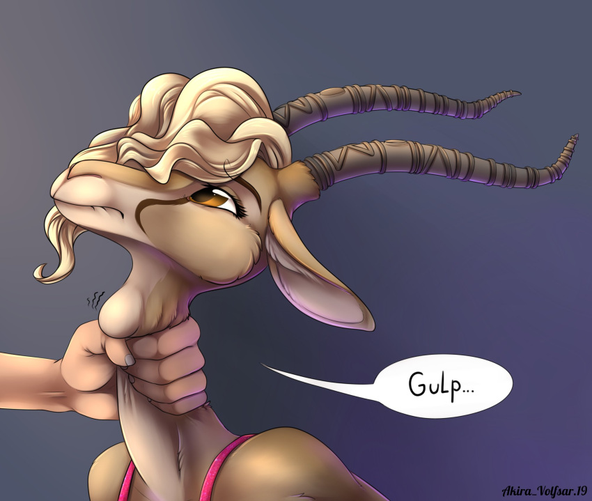 2019 5_fingers akira_volfsar antelope asphyxiation blonde_hair bovid brown_eyes choking clothed clothing digital_media_(artwork) disembodied_hand disney duo eyebrows eyelashes facial_markings female female_focus fingers gazelle gazelle_(zootopia) hair head_markings hi_res horn long_neck mammal markings neck_bulge neck_grab onomatopoeia signature solo_focus sound_effects speech_bubble swallowing text violence zootopia