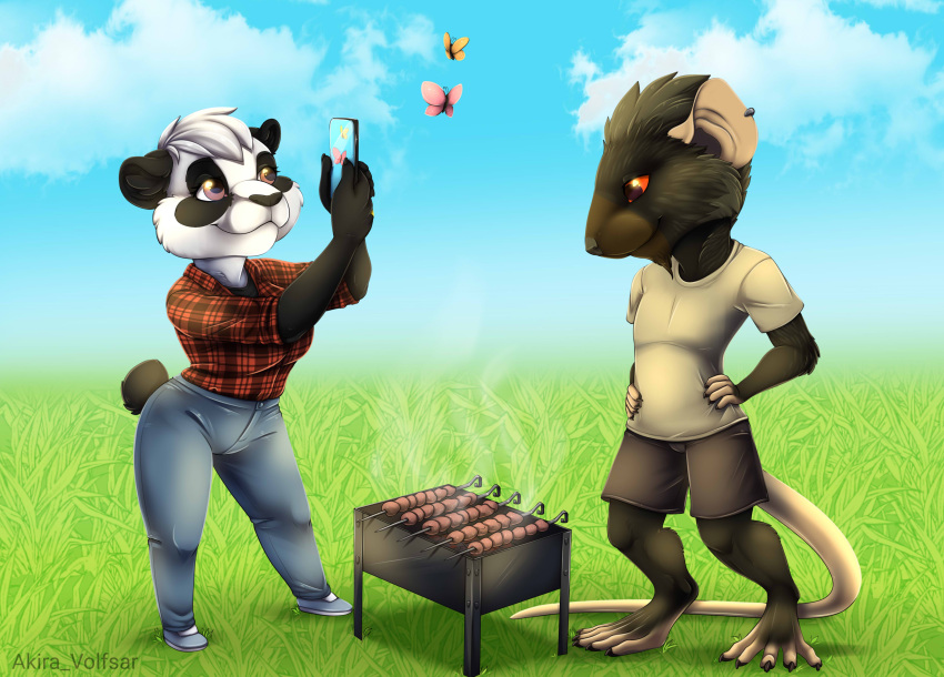 2020 5_toes absurd_res akira_volfsar anthro arthropod barefoot breasts brown_eyes butterfly cellphone claws clothed clothing day detailed_background digital_media_(artwork) digitigrade distracted duo ear_piercing ear_ring feet female giant_panda grass grill hi_res insect lepidopteran male mammal murid murine outside phone piercing plant rat rodent shashlik sky smartphone smile spread_toes taking_picture toes ursid