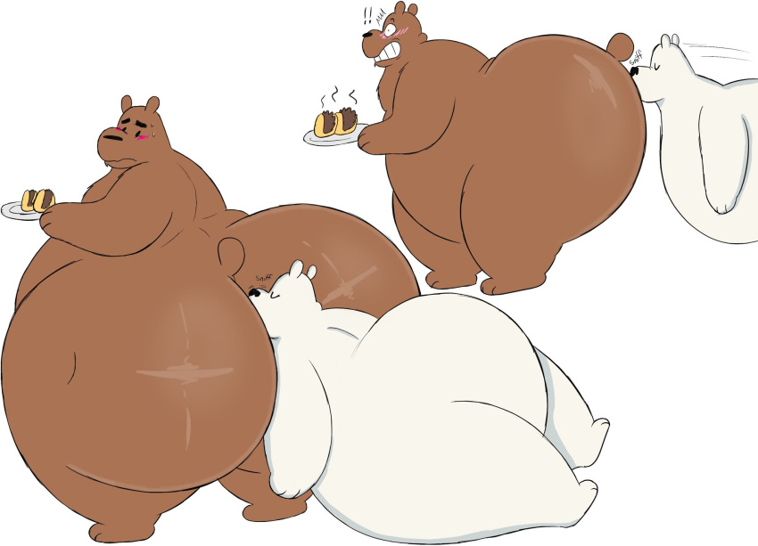 anthro belly big_butt brown_body brown_fur butt butt_sniffing cartoon_network duo face_in_ass food fur grizzly_(wbb) hi_res huge_butt hyper hyper_butt ice_bear male male/male mammal megacoolbear_(artist) obese obese_anthro obese_male overweight overweight_anthro overweight_male polar_bear sniffing ursid ursine we_bare_bears white_body white_fur