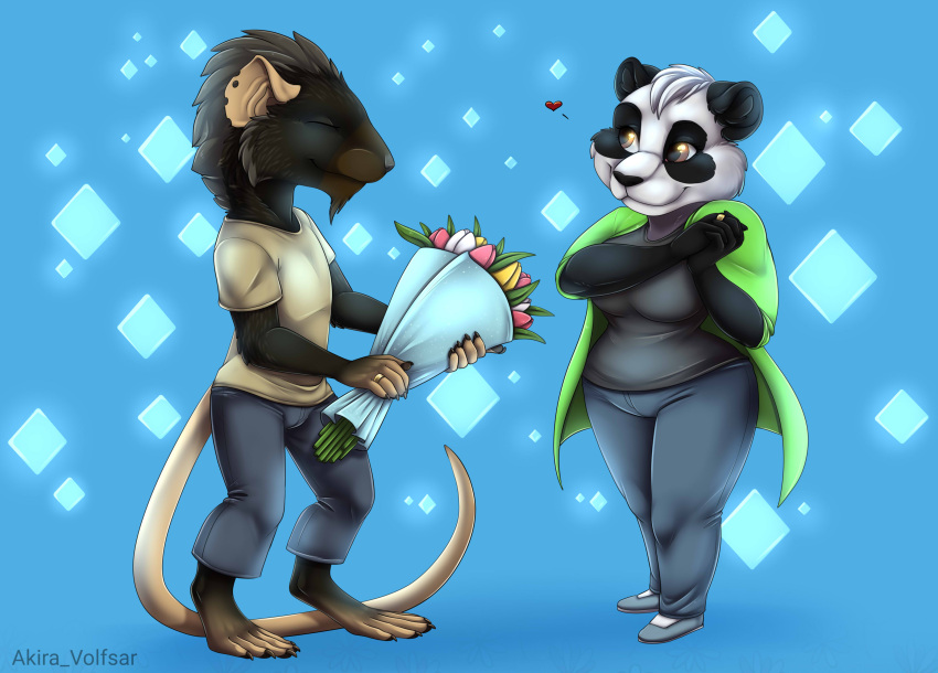 2020 5_fingers absurd_res akira_volfsar anthro breasts clothed clothing digital_media_(artwork) duo female fingers giant_panda hi_res male mammal murid murine rat rodent standing ursid