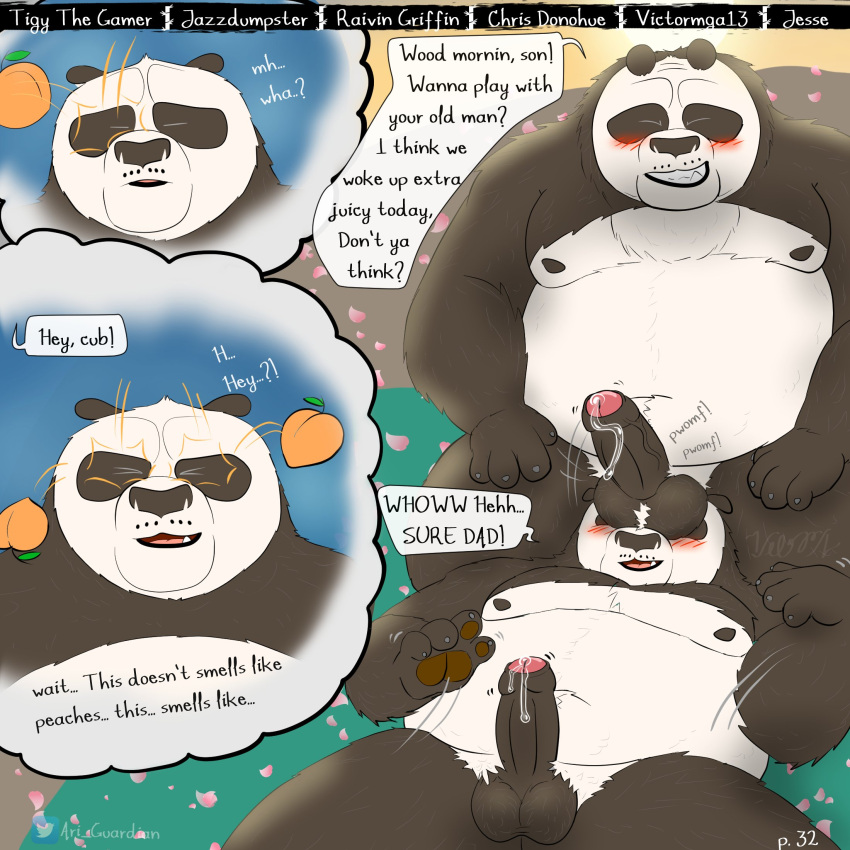 1:1 2021 anthro ari_guardian balls belly black_body black_fur black_nose blush bodily_fluids comic dialogue dreamworks duo english_text erection eyes_closed father father_and_child father_and_son food fruit fur genital_fluids genitals giant_panda hi_res humanoid_genitalia humanoid_hands humanoid_penis incest_(lore) kung_fu_panda li_shan_(kung_fu_panda) lying male male/male mammal master_po_ping meme moobs nipples outside overweight overweight_male parent parent_and_child peach_(fruit) penis plant precum sitting son text these_aren't_my_glasses ursid white_body white_fur