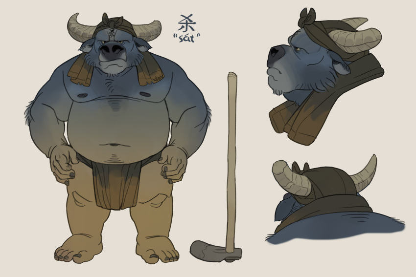 2021 absurd_res anthro asian_clothing belly bovid bovine clothing east_asian_clothing fundoshi hat headgear headwear hi_res huynhduyad14 japanese_clothing male mammal moobs navel nipples overweight overweight_male simple_background solo towel towel_around_neck underwear