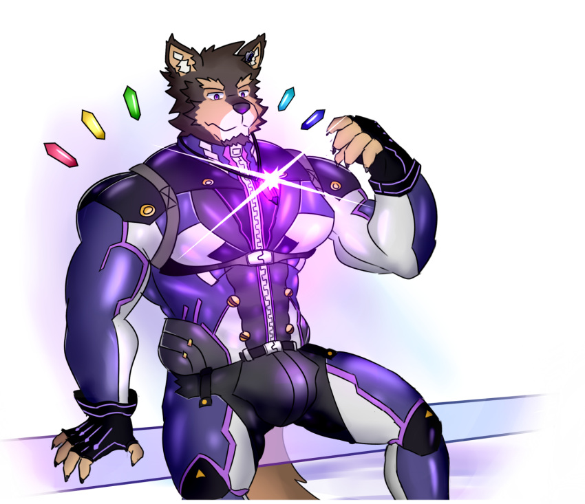 anthro bodysuit bulge canid canine canis clothing domestic_dog fur h._wolf hi_res lifewonders live-a-hero male mammal multicolored_body multicolored_fur muscular muscular_anthro muscular_male pubraseer sitting skinsuit solo superhero tight_clothing video_games zipper