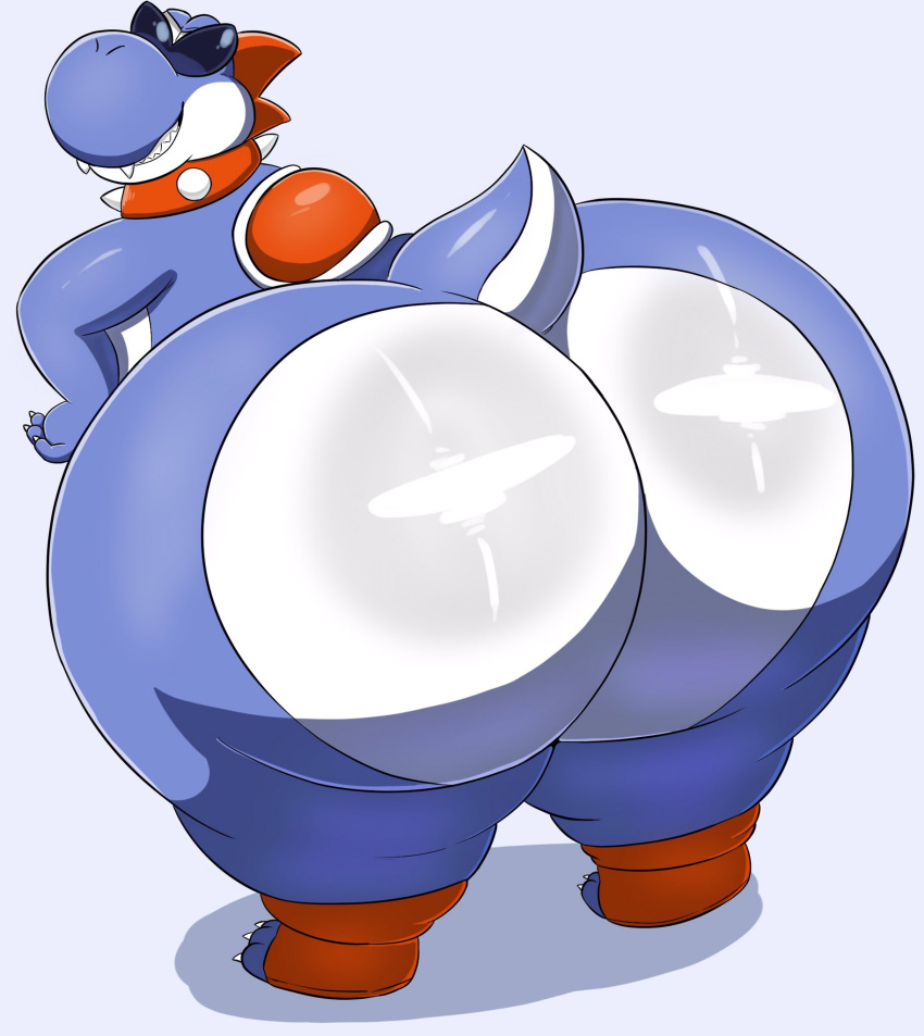 anthro big_butt blue_body boshi butt collar eyewear fangs hi_res huge_butt hyper hyper_butt male mario_bros megacoolbear_(artist) nintendo nude rear_view scalie solo spiked_collar spikes standing sunglasses super_mario_rpg_legend_of_the_seven_stars video_games yoshi