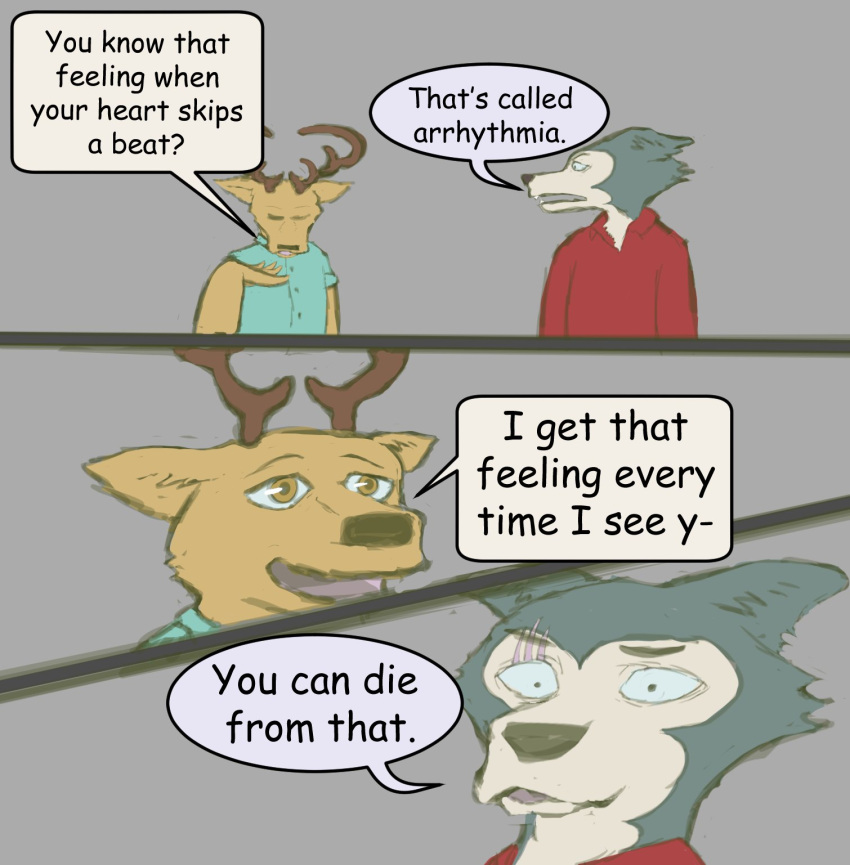 2021 anthro antlers beastars brown_eyes canid canine canis cervid clothed clothing comic dialogue english_text eye_scar eyes_closed facial_scar flirting hi_res horn humor legoshi_(beastars) louis_(beastars) male mammal open_mouth scar simple_background speech_bubble text topwear wolf yatewilliams