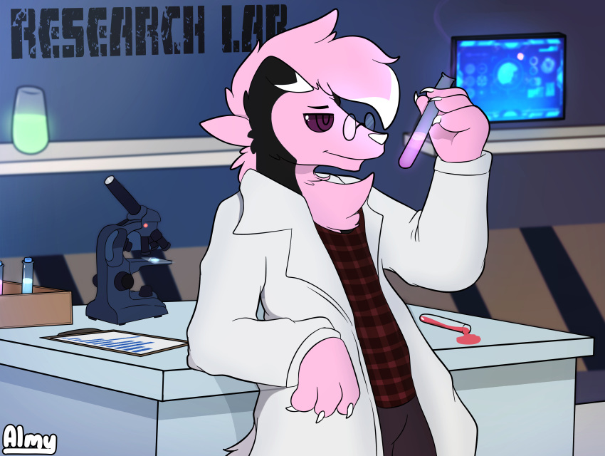 absurd_res almy anthro canid canine eyewear flannel_shirt glasses hi_res laboratory_equipment laboratory_glassware&lrm; lycanroc male mammal microscope midnight_lycanroc nintendo pok&eacute;mon pok&eacute;mon_(species) relaxing scientific_instrument scientist screen smile solo tarroc_(original_character) test_tube video_games