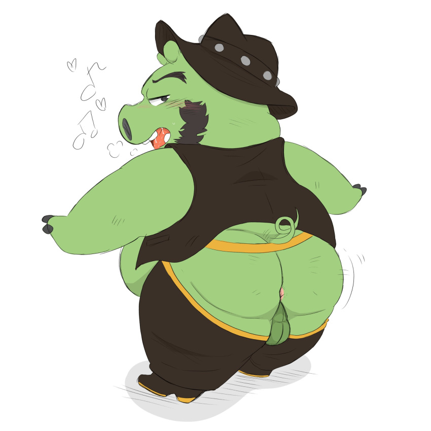 1:1 2021 96panda angry_birds anthro anus backsack balls beard belly big_belly blush butt clothing cowboy cowboy_hat domestic_pig facial_hair genitals green_body hat headgear headwear hi_res kemono king_leonard male mammal overweight overweight_male pig_(angry_birds) simple_background solo suid suina sus_(pig) video_games white_background