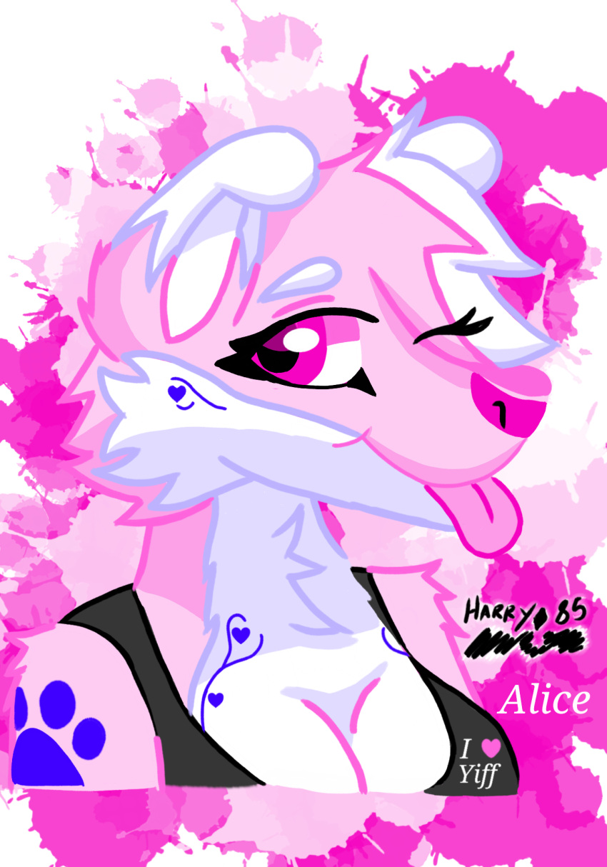 &lt;3 2021 alice_(harry_85) alpha_channel anthro black_clothing black_shirt black_topwear breasts canid canine canis character_name clothing digital_drawing_(artwork) digital_media_(artwork) domestic_dog english_text fan_character female fur harry_85 hi_res mammal one_eye_closed pink_body pink_eyes pink_fur pink_nose pink_tongue provocative shirt simple_background smile solo tattoo text tongue topwear white_body white_breasts white_fur