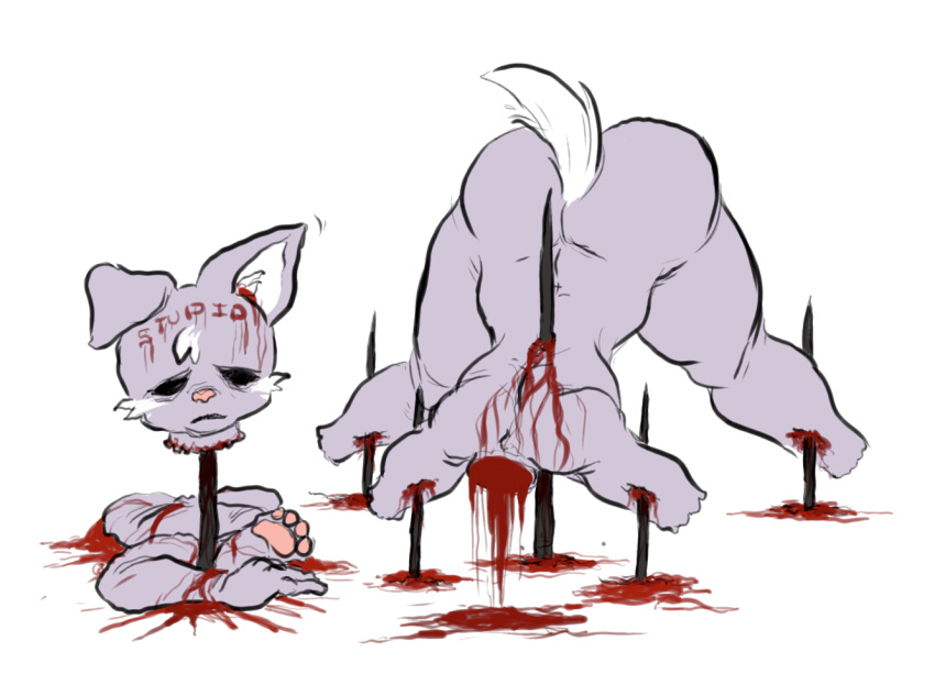 2021 ambiguous_gender anthro blood blood_splatter bodily_fluids canid canine canis death decapitation fur gore grey_body grey_fur jack-o'_pose mammal nightmare_fuel pawpads pink_pawpads pose severed_arm severed_head severed_limb shirtbusters solo tagme why wolf