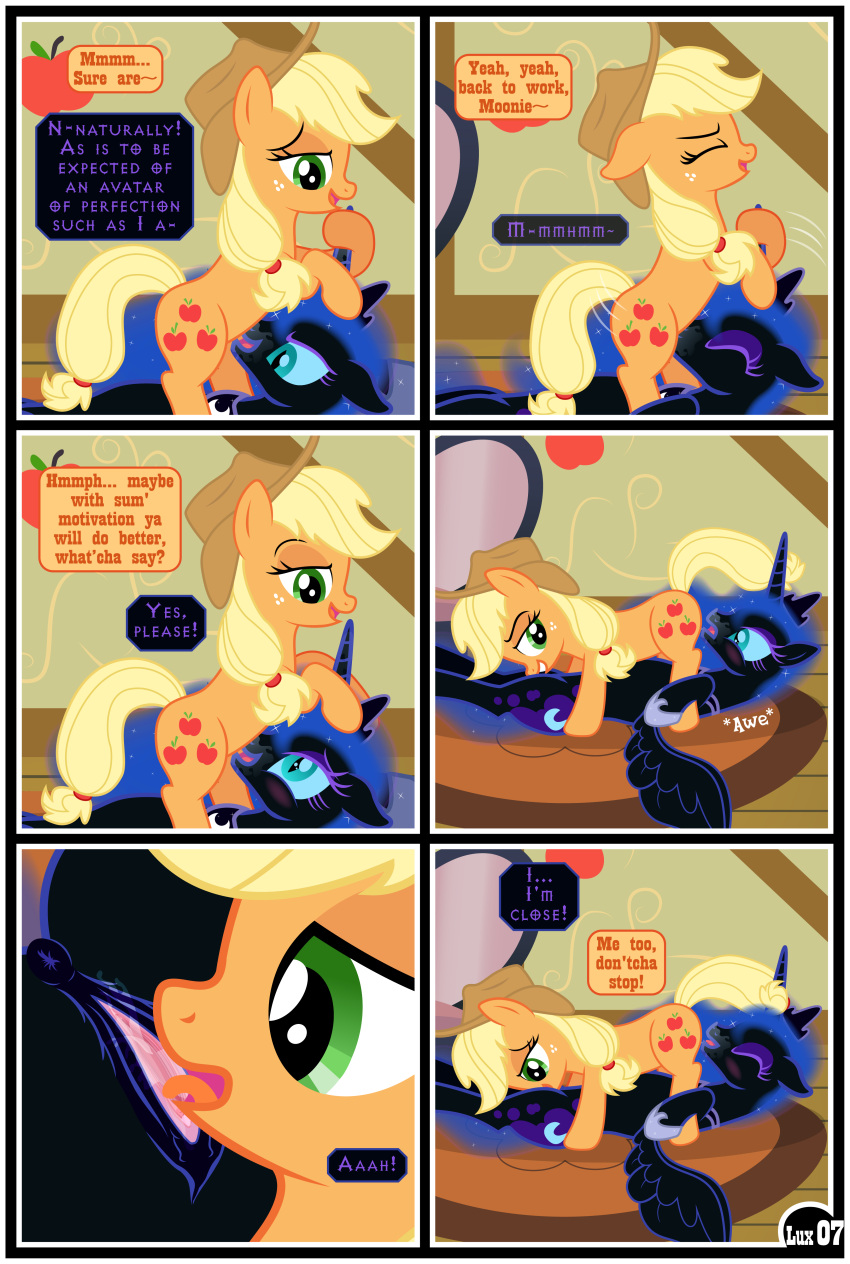 69_position absurd_res anus applejack_(mlp) butt comic cunnilingus detailed_background dialogue duo english_text equid equine female female/female feral feral_on_feral friendship_is_magic gutovi-kun hasbro hi_res horn mammal my_little_pony oral sex text vaginal winged_unicorn wings