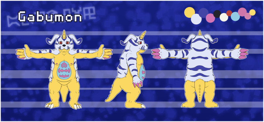 3_toes 4_fingers animal_skin anthro bandai_namco belly benjibat border claws conditional_dnp digimon digimon_(species) featureless_crotch feet fingers front_view gabumon hi_res horn male model_sheet overweight rear_view red_eyes side_view slightly_chubby solo standing t-pose toes white_border yellow_body