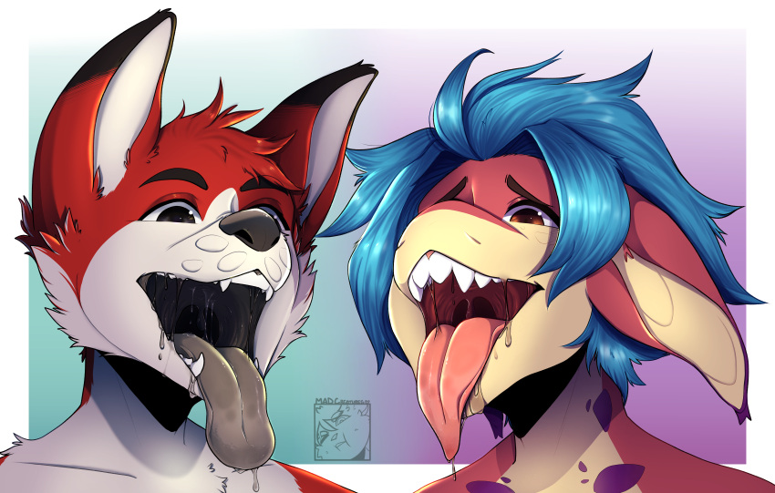 absurd_res ambiguous/ambiguous ambiguous_gender anthro bodily_fluids canid canine canis domestic_dog drooling duo fish fox headshot_portrait hi_res husky maddencreatures mammal marine mouth_shot nordic_sled_dog open_mouth portrait saliva shark simple_background spitz teeth tongue