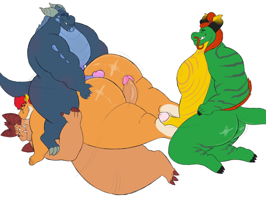 4:3 activision anthro big_butt blue_body bubba_(spyro) butt dragon genitals green_body group group_sex hair hair_bun hi_res horn hot_dogging huge_butt magnus_(spyro) male male/male megacoolbear_(artist) nude orange_body orange_hair overweight overweight_anthro overweight_male penis red_hair rescued_dragons_(spyro) scalie sex simple_background spyro_reignited_trilogy spyro_the_dragon useni_(spyro) video_games white_background