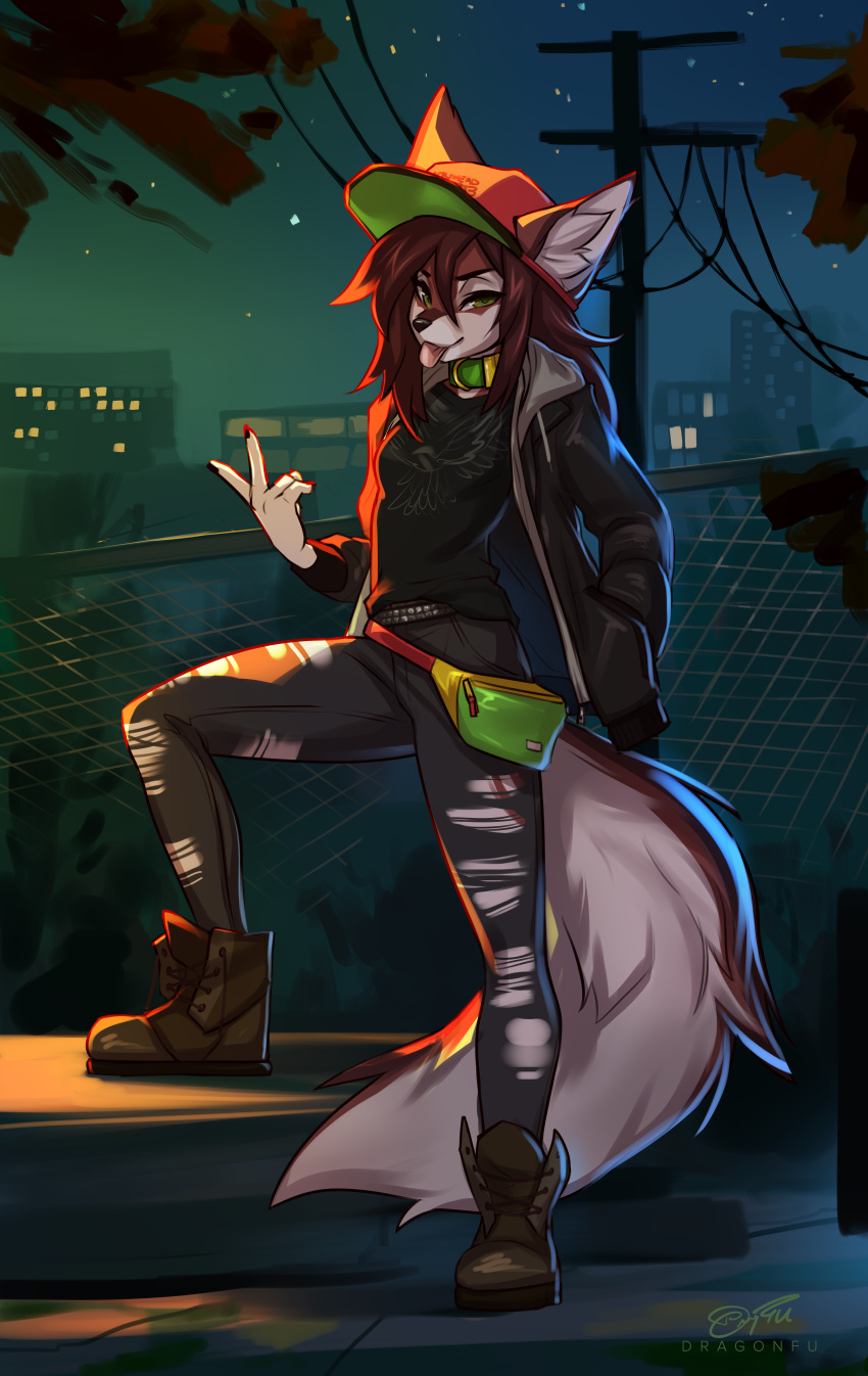 5_fingers absurd_res anthro breasts brown_hair canid canine canis clothed clothing detailed_background dragonfu eyebrows eyelashes female fingers furgonomics green_eyes hair hi_res looking_at_viewer mammal night outside red_wolf sky skylar_zero small_breasts smile solo star starry_sky tomboy wolf