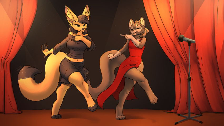 16:9 black_hair blue_eyes bottomwear canid canine clothed clothing dancing digital_media_(artwork) dress duo eyes_closed female fenavi_montaro fennec feretta fox fur grey_body grey_fur hair hi_res mammal microphone microphone_stand red_fox shaded silver_fox skirt stage stage_curtains vix_(feretta) widescreen yellow_body yellow_fur