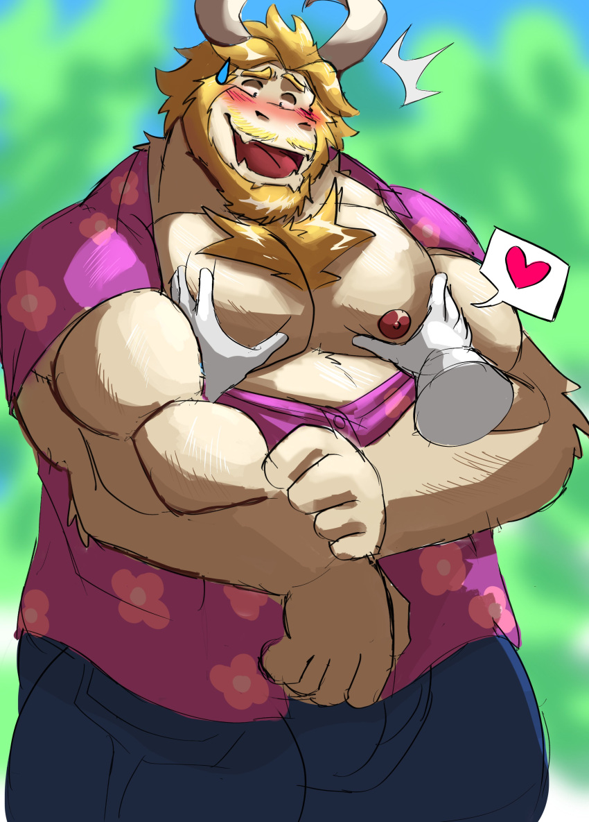 &lt;3 2021 absurd_res anthro asgore_dreemurr beard blonde_hair blush bodily_fluids boss_monster bottomwear bovid bovine caprine chest_tuft clothing disembodied_hand duo facial_hair fur hair hi_res horn humanoid_hands male mammal musclegut muscular muscular_anthro muscular_male nipples overweight overweight_male pants pec_grasp shirt solo_focus sweat topwear tuft undertale video_games vitashi white_body white_fur