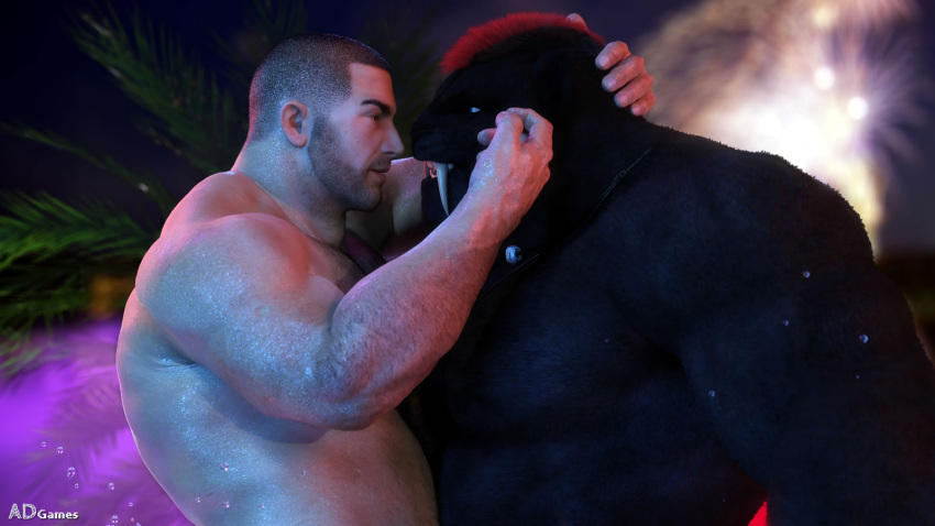 16:9 3d_(artwork) abs ad-games anthro black_body black_fur body_hair digital_media_(artwork) dog_tags duo eye_contact felid fur hair hand_on_head hi_res holding_partner human human_on_anthro imminent_kiss imminent_sex interspecies larger_anthro looking_at_another male male/male mammal muscular muscular_anthro muscular_human muscular_male nipples nude pantherine pecs red_hair romantic romantic_couple size_difference smaller_human swimming_pool tusks water widescreen
