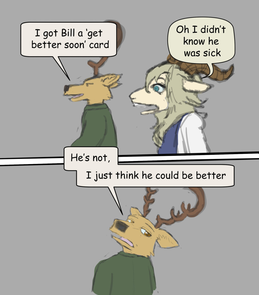 2021 anthro antlers beastars bovid brown_body brown_eyes brown_fur caprine cervid clothed clothing comic dall_sheep dialogue duo english_text fur hair hi_res horn humor louis_(beastars) male mammal open_mouth pina_(beastars) sheep simple_background speech_bubble text yatewilliams