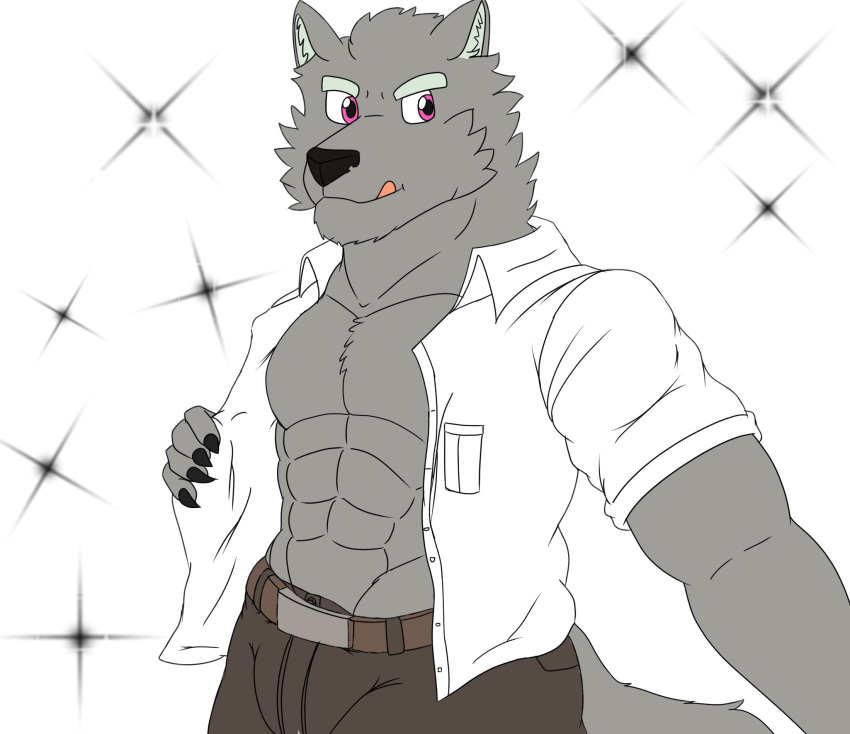 anthro biceps bottomwear canid canine canis clothed clothing digital_drawing_(artwork) digital_media_(artwork) fafnir_stardust_(artist) fur grey_body grey_fur hi_res housamo looking_at_viewer male mammal muscular muscular_anthro muscular_male open_clothing open_shirt open_topwear pants pecs pink_eyes shirt simple_background smile solo tokyo_afterschool_summoners tongue tongue_out topwear video_games wolf