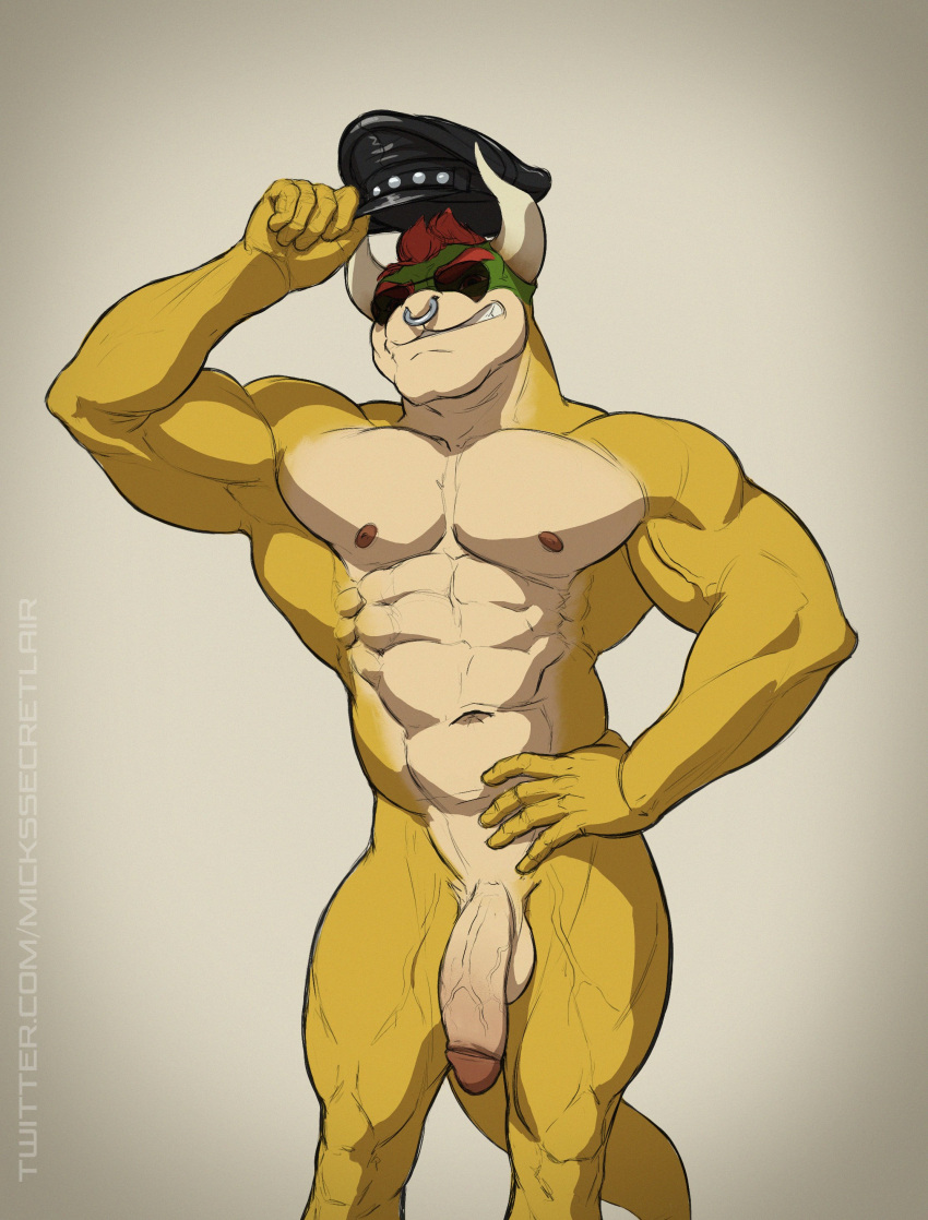 2021 abs absurd_res anthro balls barazoku biceps big_muscles big_penis bowser clothing eyebrows eyewear facial_piercing flaccid genitals grey_background hair hand_on_hip hat headgear headwear hi_res holding_clothing holding_hat holding_headgear holding_headwear holding_object horn humanoid_genitalia humanoid_penis koopa leather leather_daddy leather_hat looking_at_viewer male mario_bros mickey_the_retriever muscular muscular_anthro muscular_male navel nintendo nipples nose_piercing nose_ring nude obliques pecs penis piercing scalie simple_background smile smirk solo standing sunglasses vein video_games