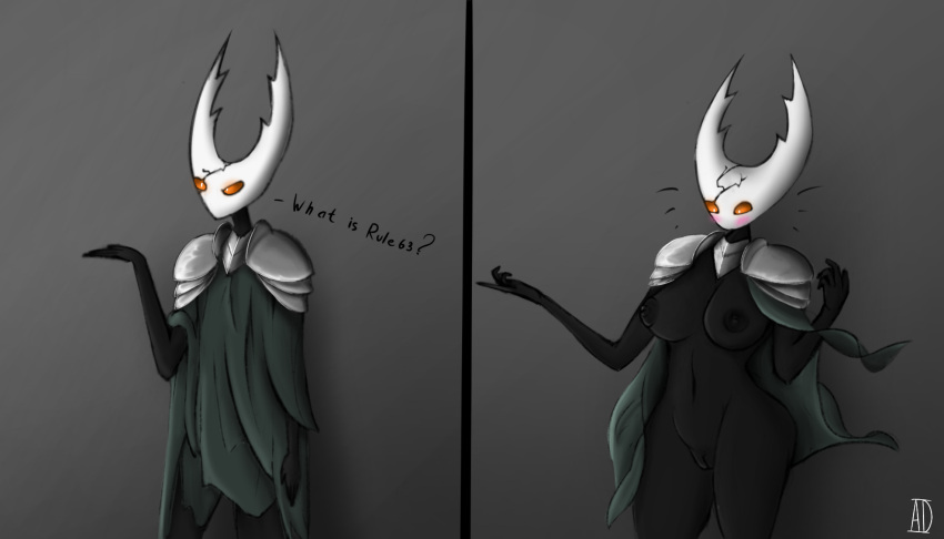 anthro armor arthropod black_body black_nipples black_skin breasts clothing coat crossgender female gender_transformation genitals hi_res hollow_knight hollow_knight_(character) insect male motley_ad mtf_transformation nipples nude solo team_cherry topwear transformation video_games white_face