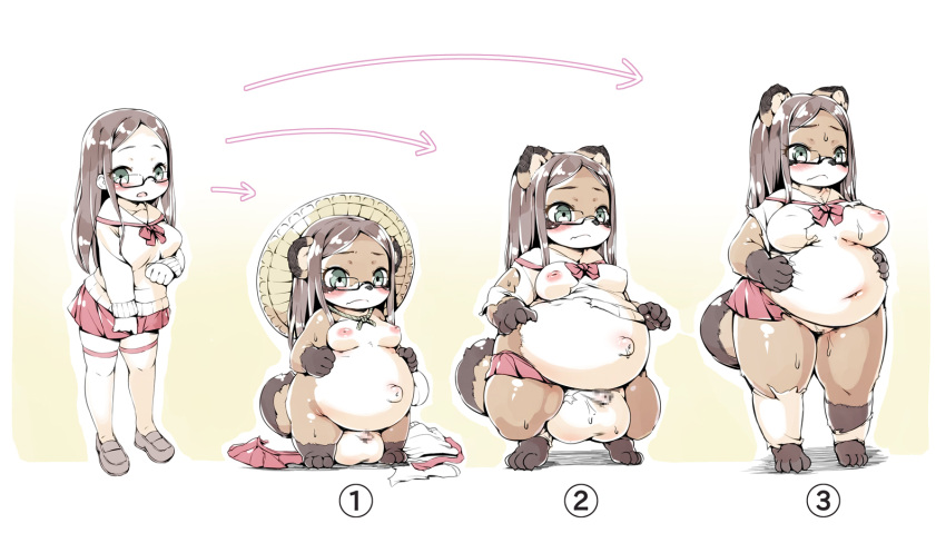 anthro balls belly big_balls big_belly canid canine censored clothed clothing female ftg_transformation fti_transformation gender_transformation genitals gynomorph intersex mammal micropenis navel oseron outie_navel overweight overweight_intersex penis raccoon_dog small_penis solo species_transformation tanuki transformation transformation_sequence