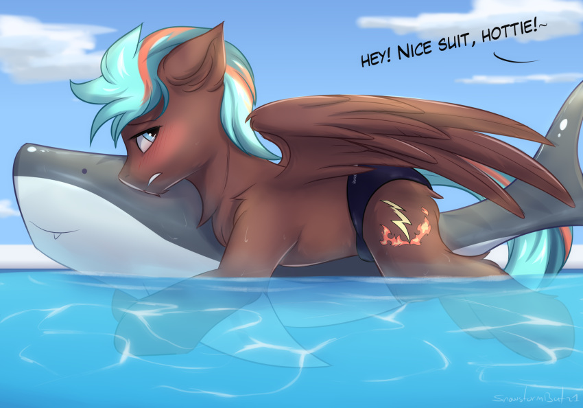 blush clothing cutie_mark dialogue equid equine fan_character hasbro hi_res horse inflatable male mammal my_little_pony outside pegasus pony pool_toy shy snowstormbat solo speedo swimming_pool swimwear water wings