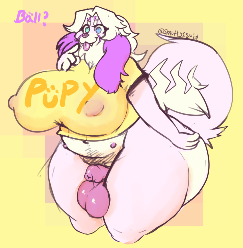 2021 anthro balls belly belly_nipples big_belly big_breasts big_butt breasts butt canid canine canis chode clothed clothing curvy_figure digital_media_(artwork) domestic_dog english_text flaccid foreskin fur genitals gynomorph hair heterochromia hi_res huge_breasts humanoid_genitalia humanoid_penis intersex jroy101 mammal navel nipples overweight overweight_anthro penis pubes roi shirt signature simple_background slightly_chubby smile solo text text_on_clothing text_on_shirt text_on_topwear thick_thighs topwear uncut unretracted_foreskin voluptuous wide_hips