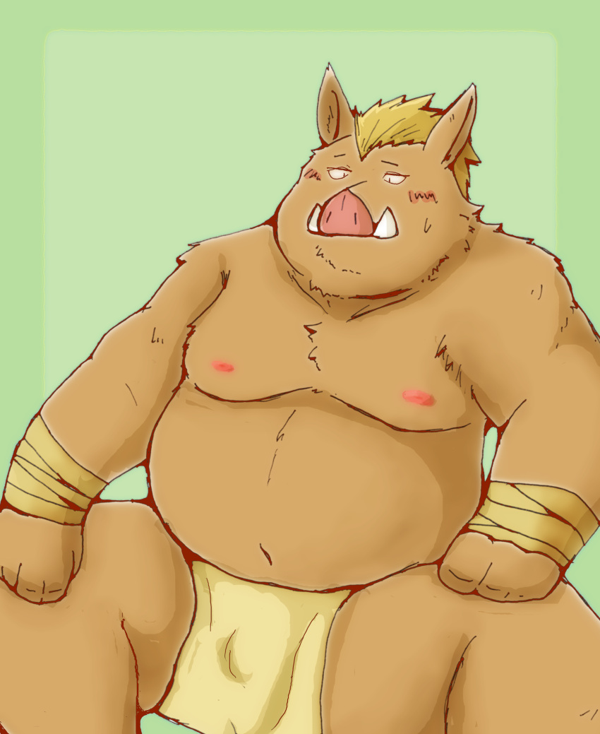 2021 anthro asian_clothing belly blush brown_body clothing east_asian_clothing fundoshi geld_(that_time_i_got_reincarnated_as_a_slime) hi_res japanese_clothing kemono male mammal moobs nipples overweight overweight_male simple_background sitting snow_utamaru solo suid suina sus_(pig) that_time_i_got_reincarnated_as_a_slime underwear wild_boar