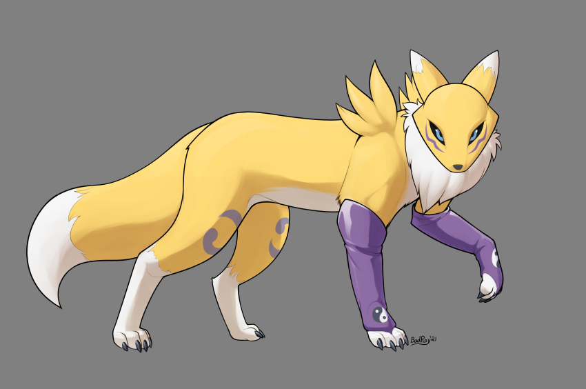 2021 absurd_res armwear badroy bandai_namco blue_eyes bridal_gauntlets canid canine clothing digimon digimon_(species) dipstick_tail elbow_gloves female feral fox fur gloves handwear hi_res leg_markings mammal markings multicolored_tail neck_tuft renamon socks_(marking) solo tuft yellow_body yellow_fur