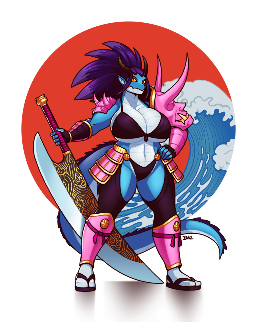 4:5 anthro armor asian_mythology big_breasts bikini bikini_armor bikini_samurai blazbaros blue_body blue_scales breasts clothing dragon east_asian_mythology eastern_dragon female hair hi_res huge_breasts huge_sword japanese_flag japanese_mythology japanese_style kaida_rei mythology pink_clothing purple_hair samurai scales scalie solo swimwear unconvincing_armor warrior yellow_eyes