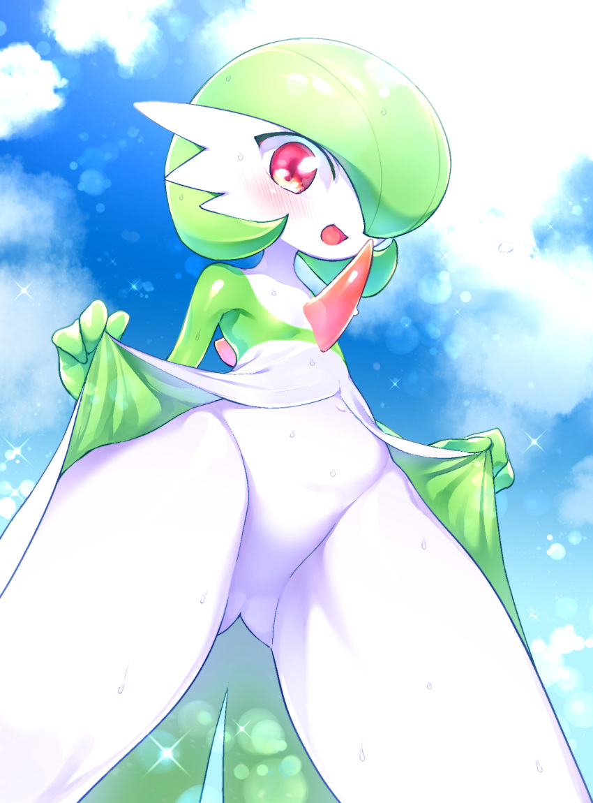 aliasing blue_sky blush bodily_fluids butt_from_the_front clothed clothing clothing_lift cloud dress dress_lift exposed_crotch featureless_crotch female flat_chested gardevoir green_hair hair hi_res humanoid low-angle_view mizo_ne navel nintendo not_furry open_mouth open_smile perineum pink_eyes pok&eacute;mon pok&eacute;mon_(species) pseudo_clothing pseudo_clothing_lift sky smile solo sweat thick_thighs video_games white_body white_skin wide_hips