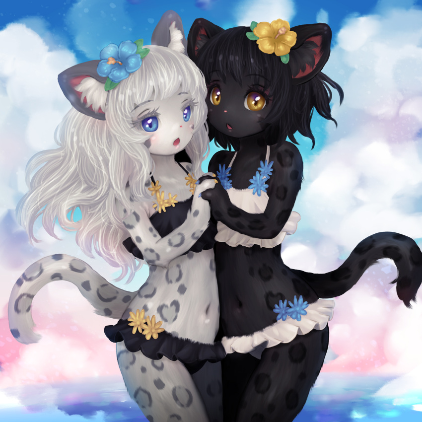 1:1 2021 accessory anthro black_body black_fur black_hair blue_eyes blush brown_eyes clothing cloud day duo felid female female/female flower flower_in_hair fur grey_body grey_fur hair hair_accessory hand_holding hi_res inner_ear_fluff leopard looking_at_viewer mammal melanistic navel open_mouth outside pantherine plant snow_leopard swimwear tetetor-oort tuft white_hair