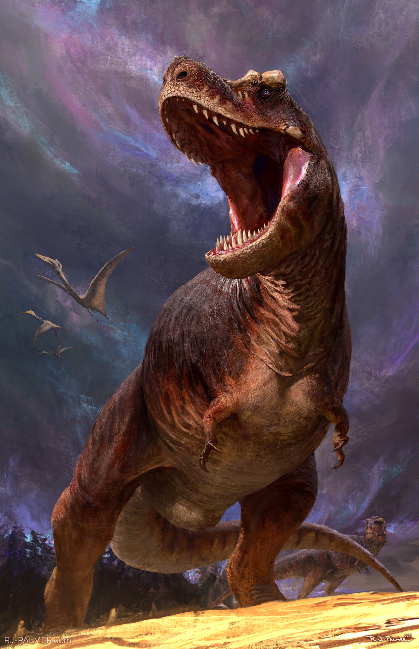 2021 absurd_res ambiguous_gender arvalis day detailed_background digital_media_(artwork) dinosaur feral group hi_res membrane_(anatomy) membranous_wings open_mouth outside reptile scalie sky standing teeth wings