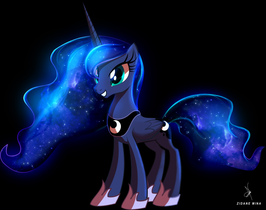 absurd_res black_background blue_eyes blue_hair blue_tail equid equine ethereal_hair ethereal_mane ethereal_tail friendship_is_magic hair hi_res horn jewelry mammal my_little_pony necklace princess_luna_(mlp) pseudo_hair pseudo_mane simple_background smile solo winged_unicorn wings zidanemina
