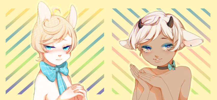 2019 5_fingers abstract_background blonde_hair blue_eyes blue_eyeshadow clothed clothing duo ear_piercing eyelashes eyeshadow fingers girly glistening glistening_eyes hair horn light_body makeup male neck_bow pekuza041 piercing short_horn small_horn topless